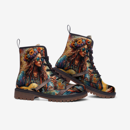 Emerald Blossoms - Bohemian Girl With The Guitar Casual Leather Lightweight Boots For Hippies