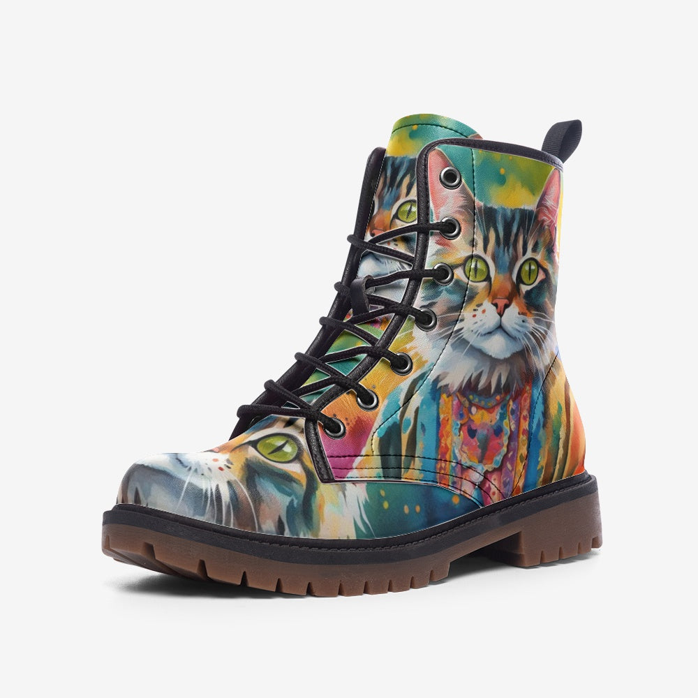 Emerald Blossoms - Watercolor Cat Art on Leather Lightweight Boots for Hippies