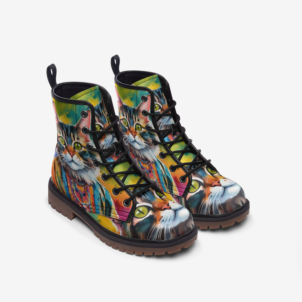 Emerald Blossoms - Watercolor Cat Art on Leather Lightweight Boots for Hippies