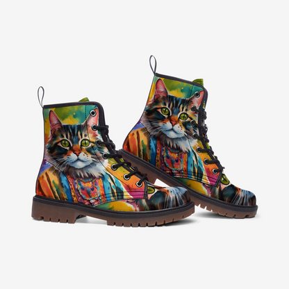 Emerald Blossoms - Watercolor Cat Art on Leather Lightweight Boots for Hippies