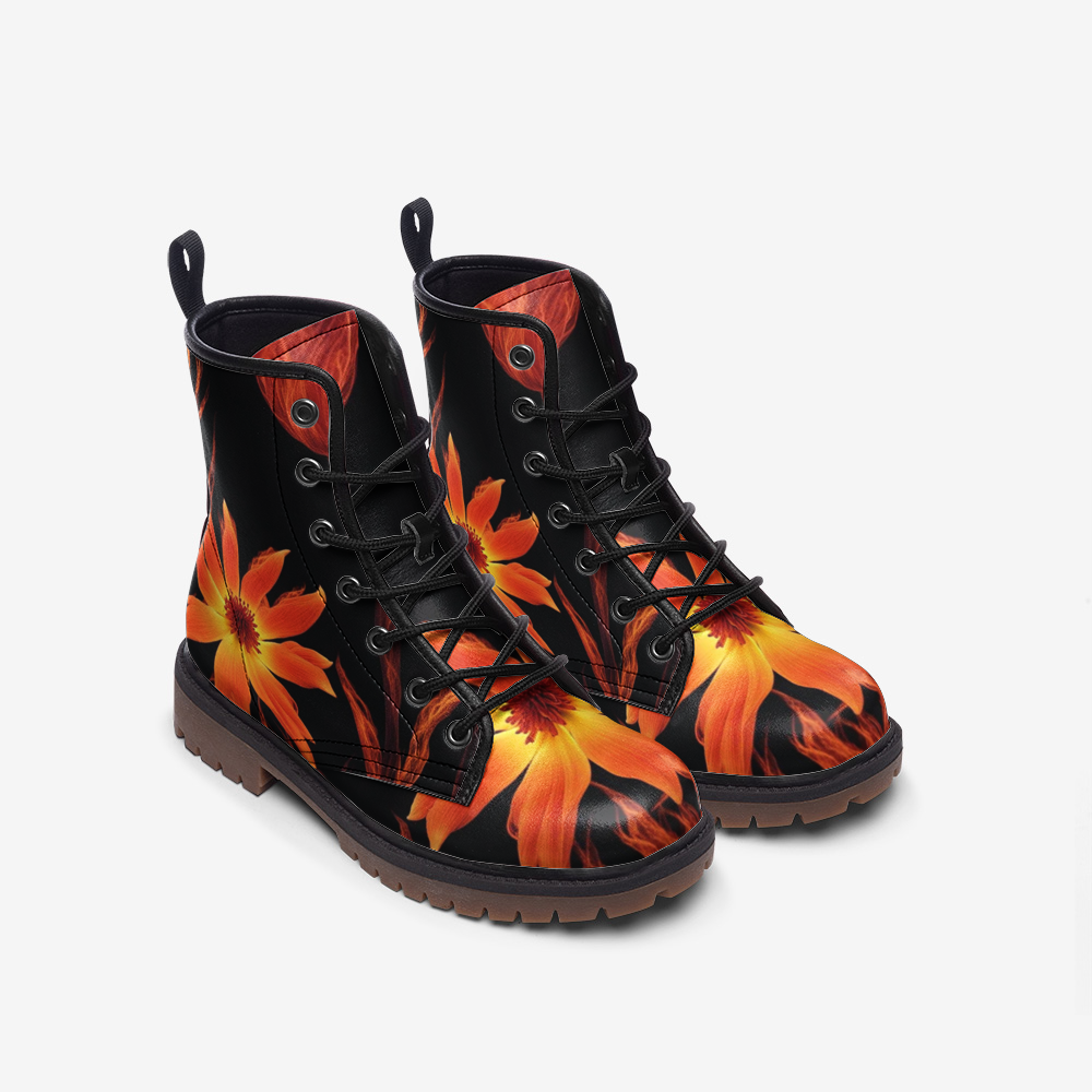 Emerald Blossoms - Burnt Flowers on Leather Lightweight Boots for Hippies