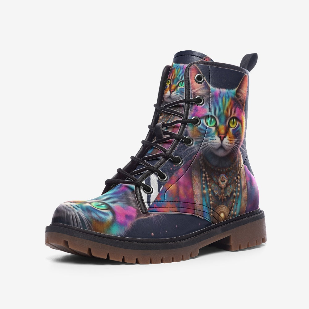 Emerald Blossoms - Cool Cat, Psychedelic Art, Animal Inspired Design Leather Lightweight Boots for Hippies