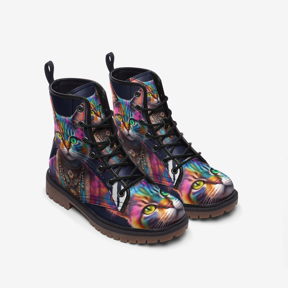 Emerald Blossoms - Cool Cat, Psychedelic Art, Animal Inspired Design Leather Lightweight Boots for Hippies