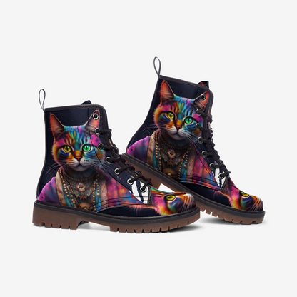 Emerald Blossoms - Cool Cat, Psychedelic Art, Animal Inspired Design Leather Lightweight Boots for Hippies