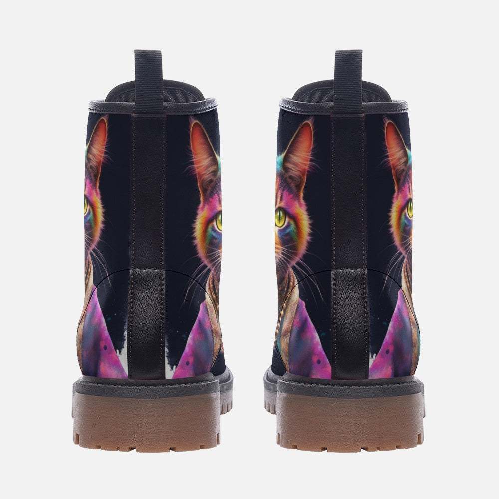 Emerald Blossoms - Cool Cat, Psychedelic Art, Animal Inspired Design Leather Lightweight Boots for Hippies