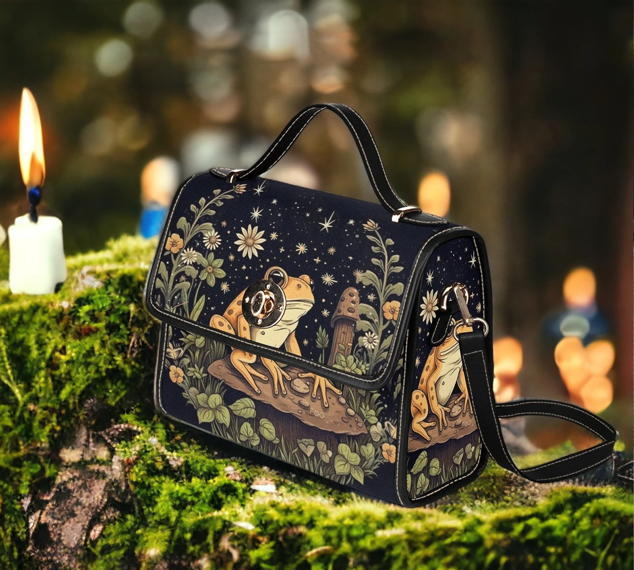 Emerald Blossoms - Goblincore Yellow Toad Green Forest Black Canvas Satchel Bag For Hippies