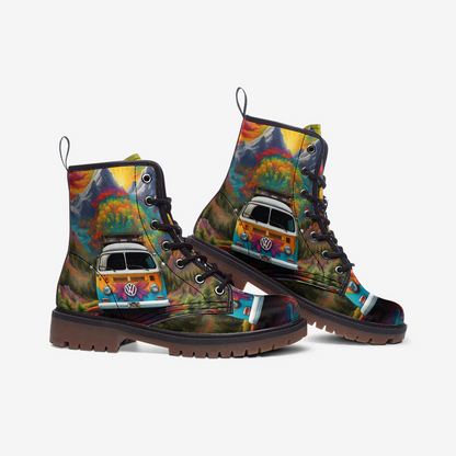 Emerald Blossoms - VW Van Road Trip Casual Leather Lightweight Boots For Hippies