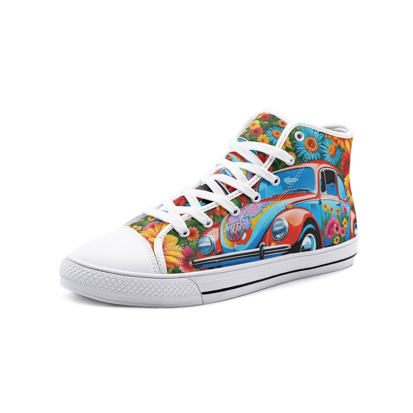 Emerald Blossoms - Floral Volkswagen Beetle, Hippie Getaways Unisex High Top Canvas Shoes For Hippies