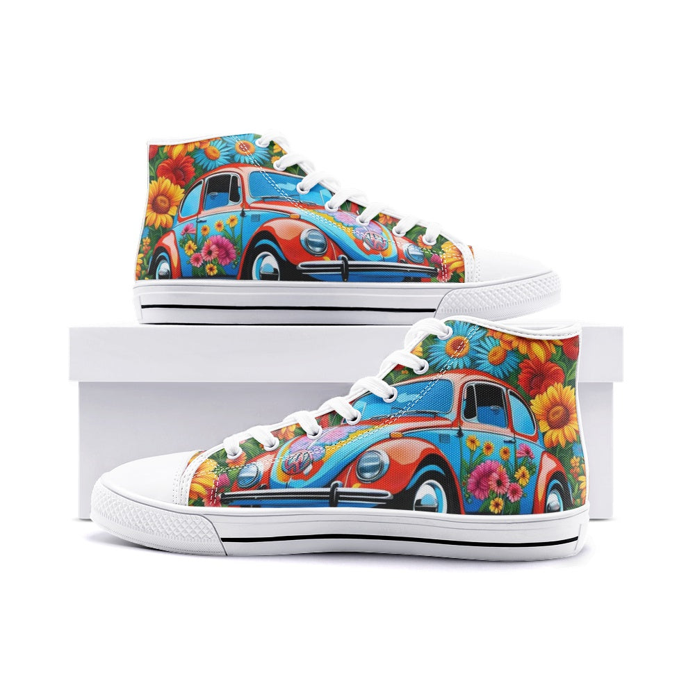 Emerald Blossoms - Floral Volkswagen Beetle, Hippie Getaways Unisex High Top Canvas Shoes For Hippies