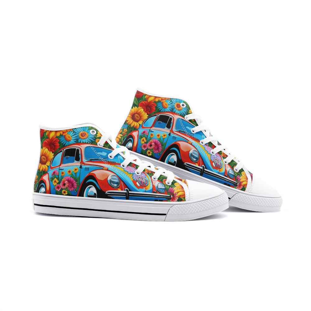 Emerald Blossoms - Floral Volkswagen Beetle, Hippie Getaways Unisex High Top Canvas Shoes For Hippies