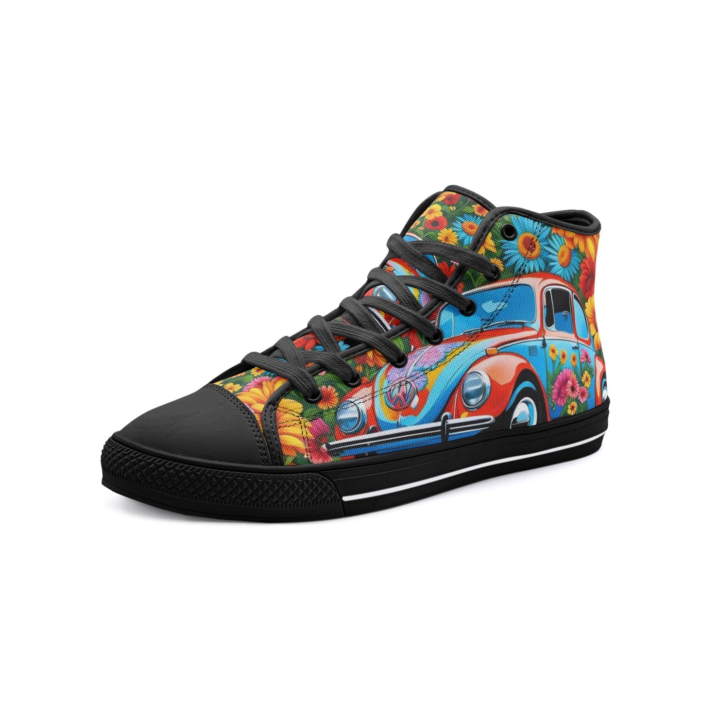 Emerald Blossoms - Floral Volkswagen Beetle, Hippie Getaways Unisex High Top Canvas Shoes For Hippies