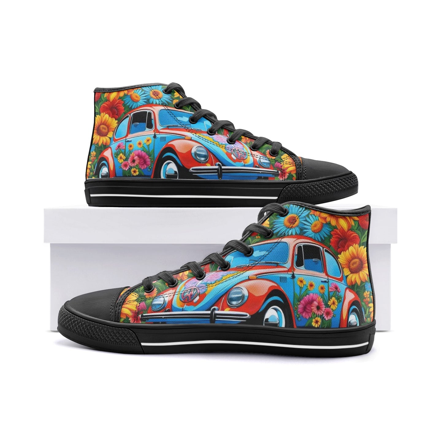 Emerald Blossoms - Floral Volkswagen Beetle, Hippie Getaways Unisex High Top Canvas Shoes For Hippies