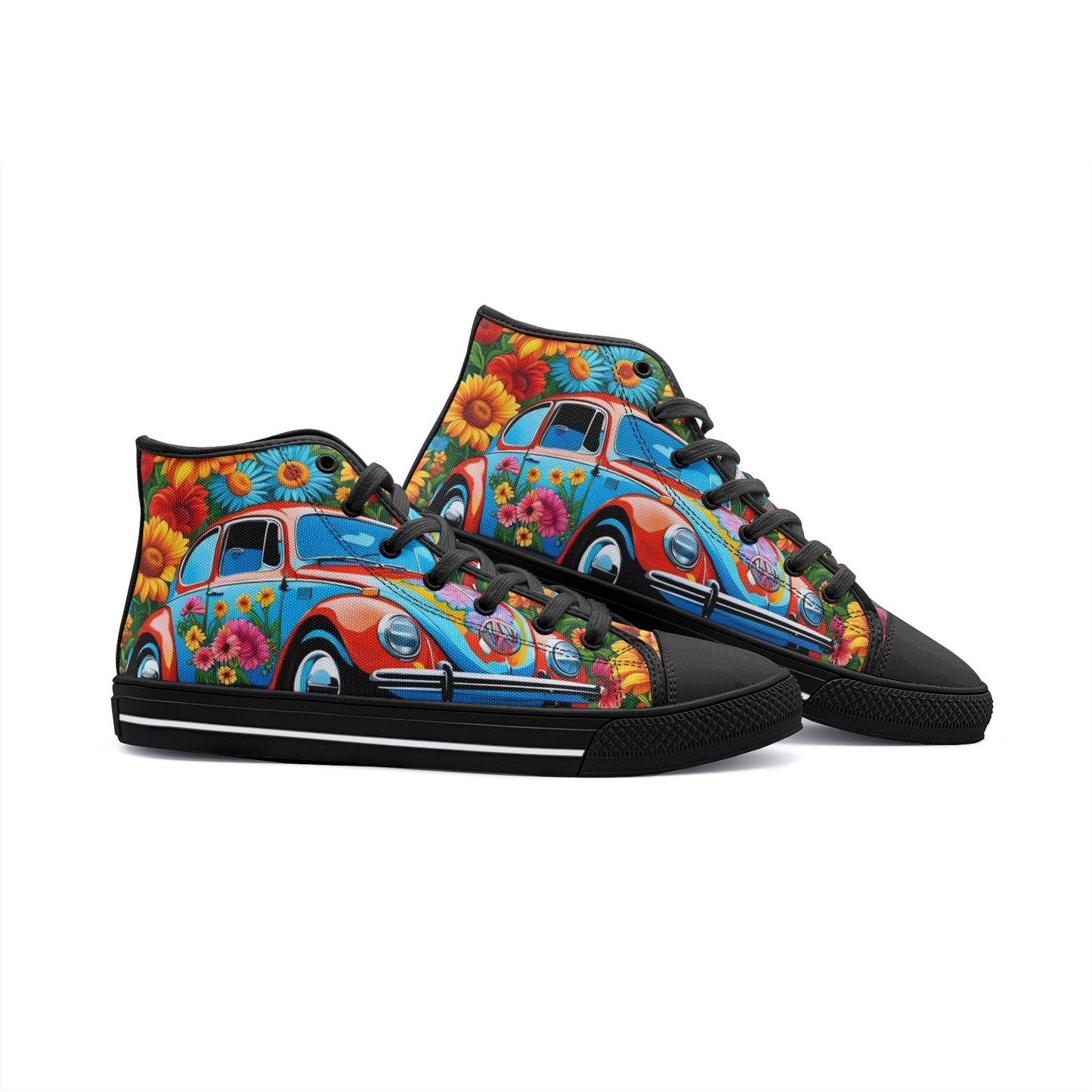 Emerald Blossoms - Floral Volkswagen Beetle, Hippie Getaways Unisex High Top Canvas Shoes For Hippies