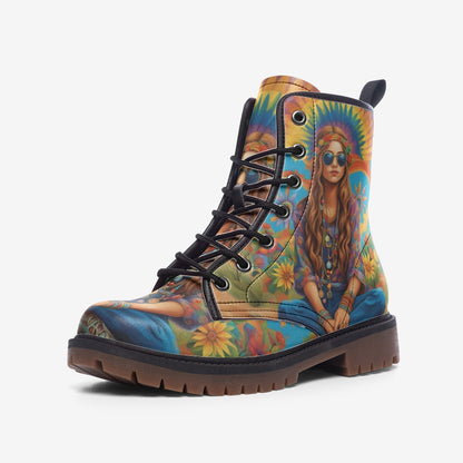 Emerald Blossoms - Girl With Rainbow Behind Casual Leather Lightweight Boots For Hippies