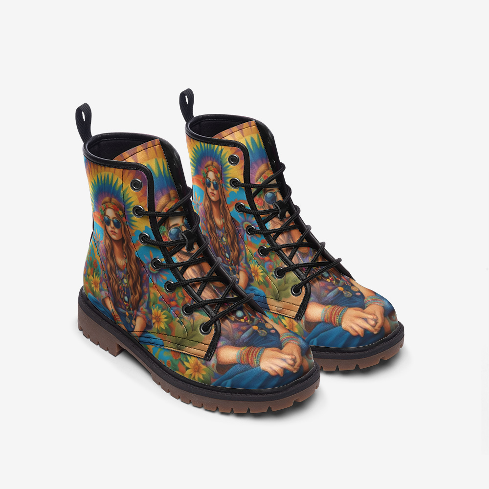 Emerald Blossoms - Girl With Rainbow Behind Casual Leather Lightweight Boots For Hippies