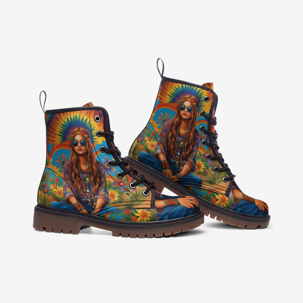 Emerald Blossoms - Girl With Rainbow Behind Casual Leather Lightweight Boots For Hippies