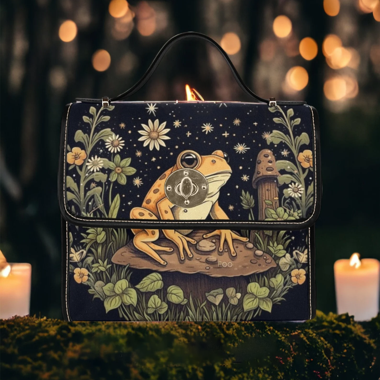 Emerald Blossoms - Goblincore Yellow Toad Green Forest Black Canvas Satchel Bag For Hippies