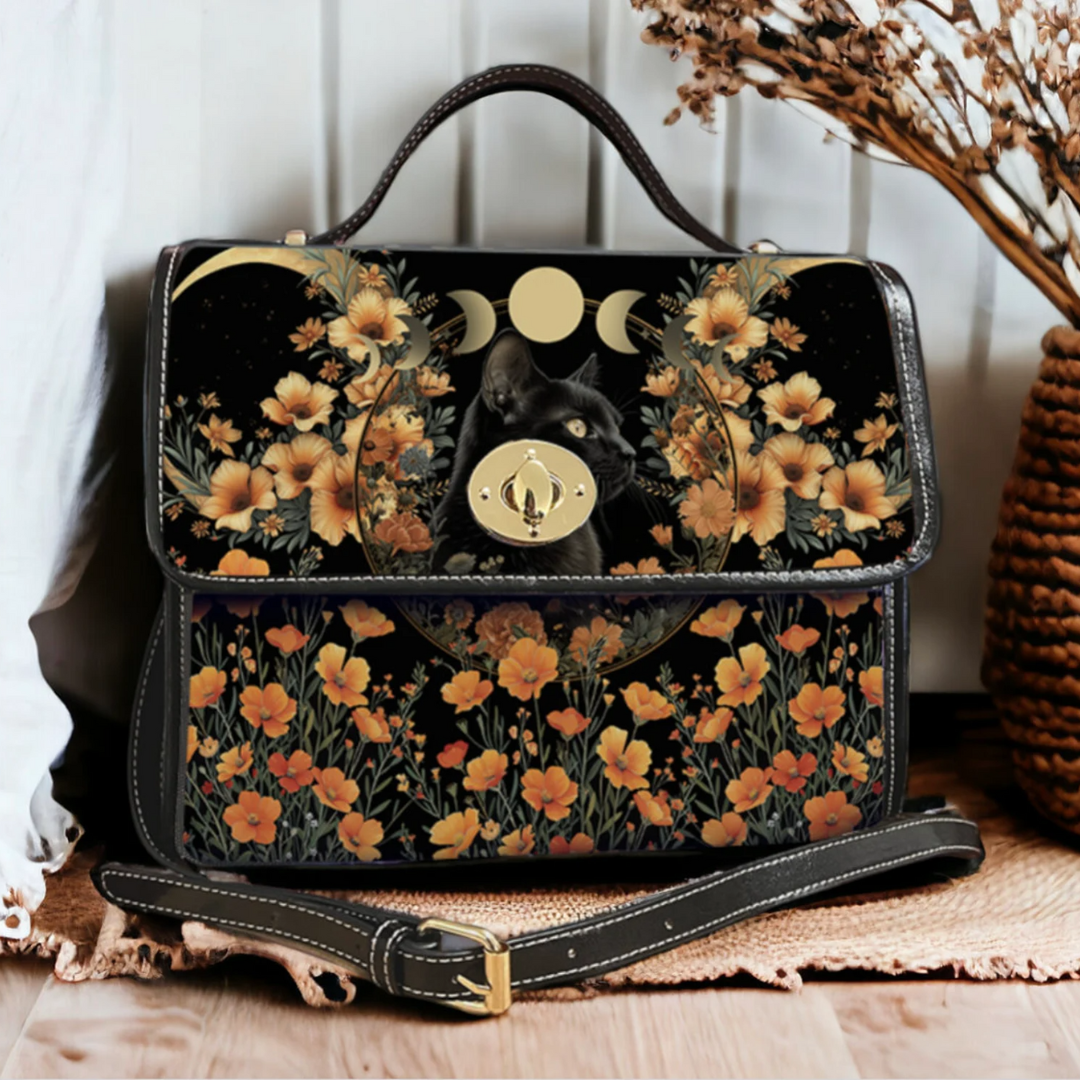 Emerald Blossoms - Triple Moon Floral Black Cat Whimsigoth Mini Messenger Bag For Hippies