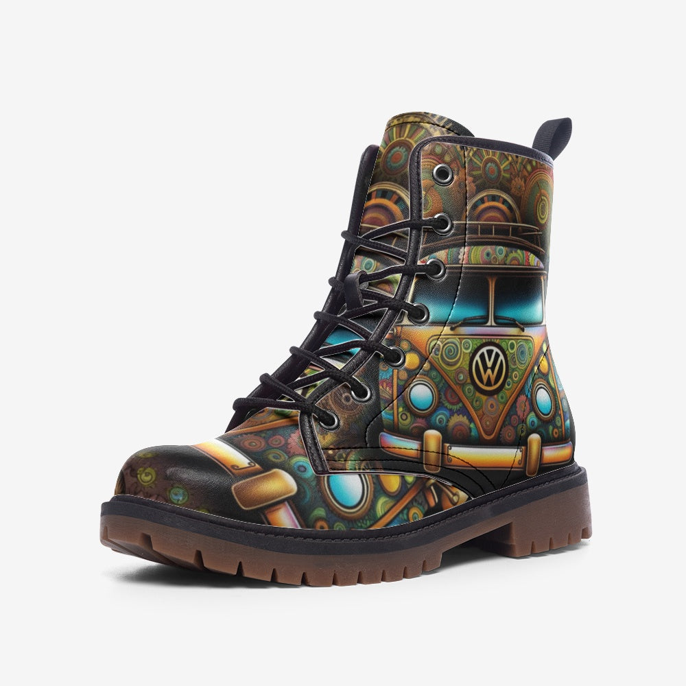 Emerald Blossoms - Groovy Hippie Van Casual Leather Lightweight Boots For Hippies