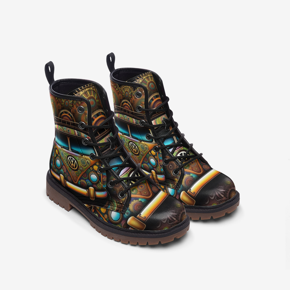 Emerald Blossoms - Groovy Hippie Van Casual Leather Lightweight Boots For Hippies