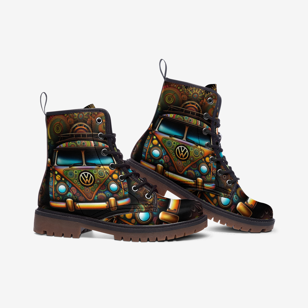 Emerald Blossoms - Groovy Hippie Van Casual Leather Lightweight Boots For Hippies