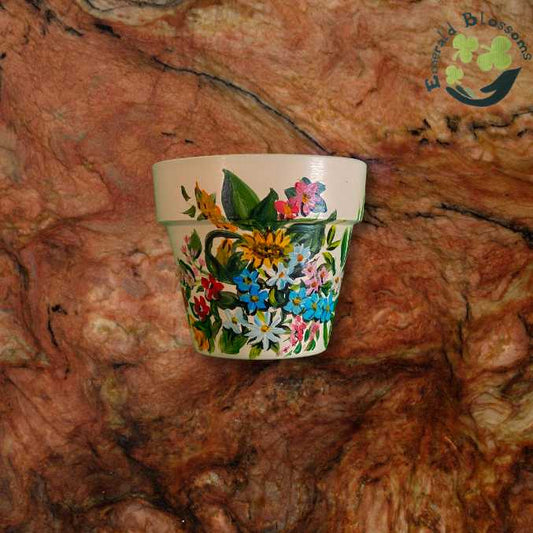 Emerald Blossoms - Handpainted blooming flowers terracotta pots