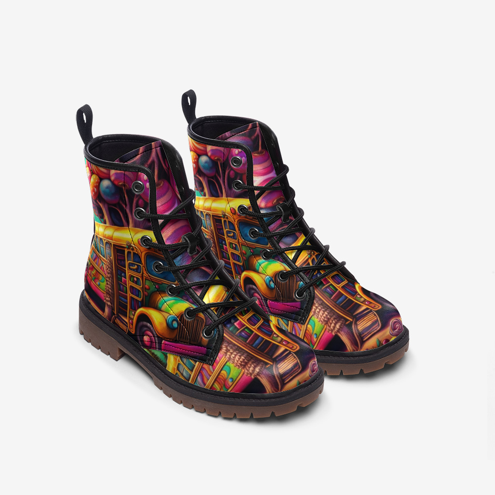 Emerald Blossoms - Vibrant Hippie Van Leather Lightweight Boots for Hippies