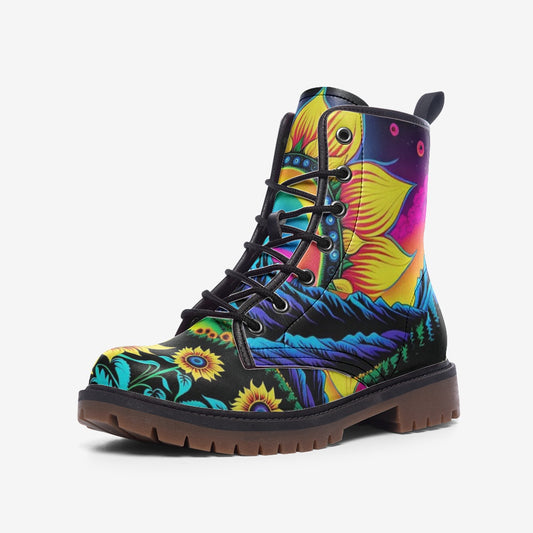 Emerald Blossoms - Trippy Sunflower on Casual Leather Lightweight Boots for Hippies