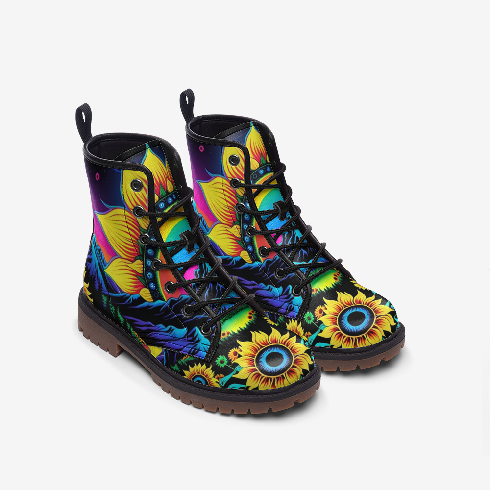 Emerald Blossoms - Trippy Sunflower on Casual Leather Lightweight Boots for Hippies