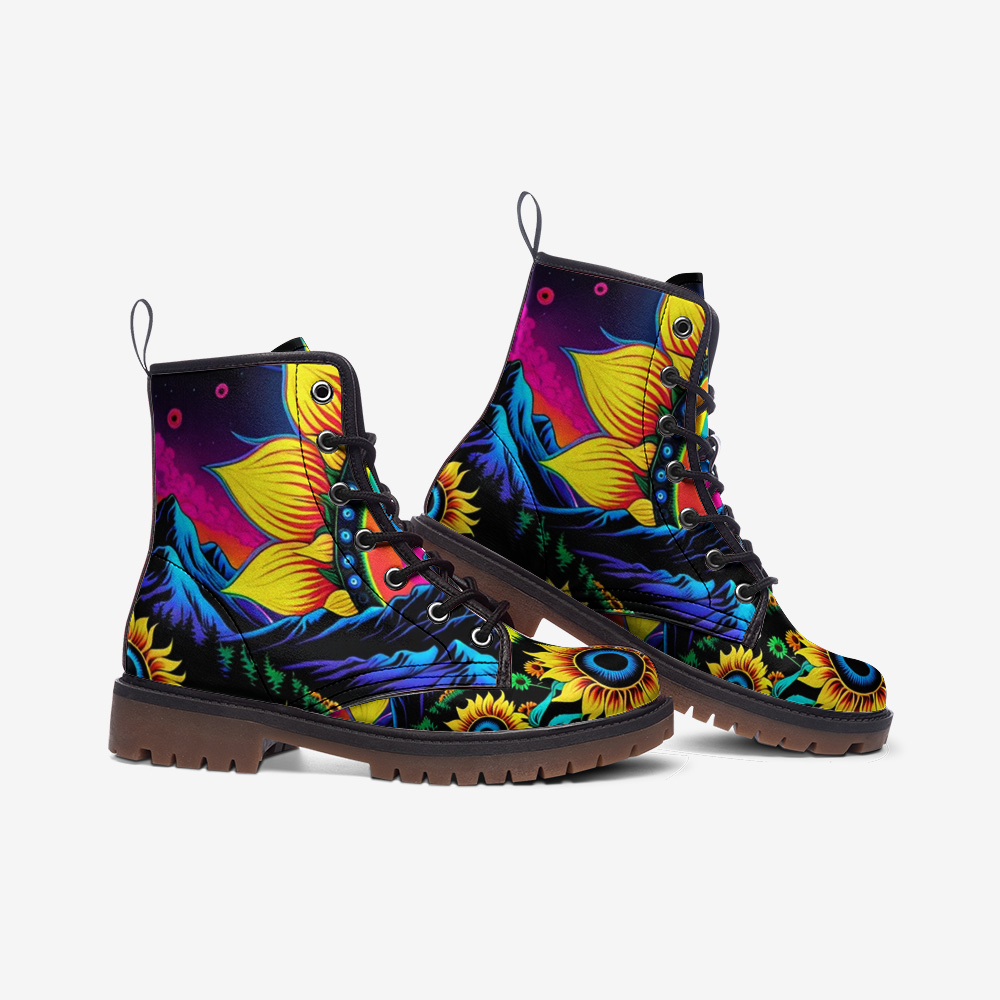 Emerald Blossoms - Trippy Sunflower on Casual Leather Lightweight Boots for Hippies