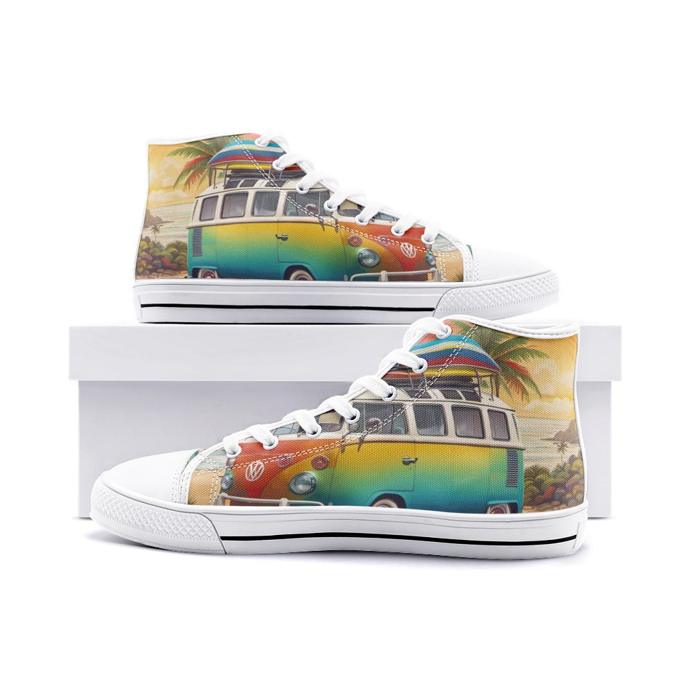 Emerald Blossoms - Weekend Trips, VW Hippie Van, Retro Vibe Unisex High Top Canvas Shoes For Hippies