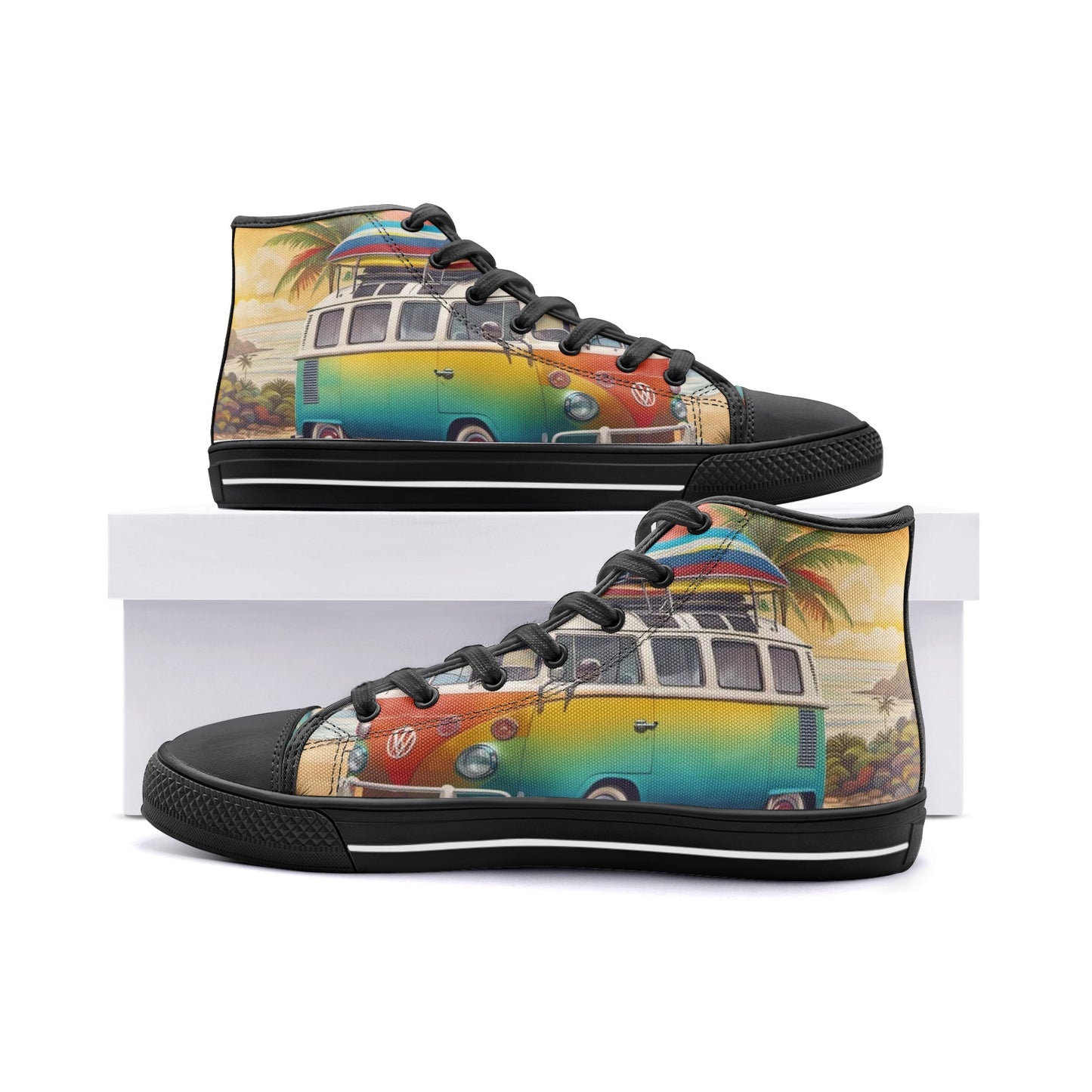 Emerald Blossoms - Weekend Trips, VW Hippie Van, Retro Vibe Unisex High Top Canvas Shoes For Hippies