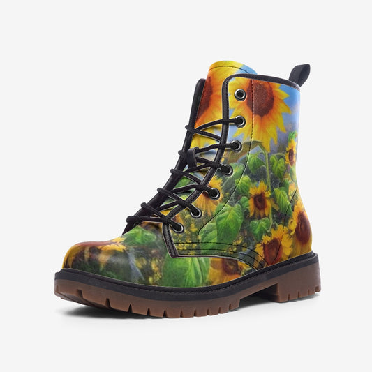 Emerald Blossoms - Blooming Sunflowers on Leather Lightweight Boots for Hippies