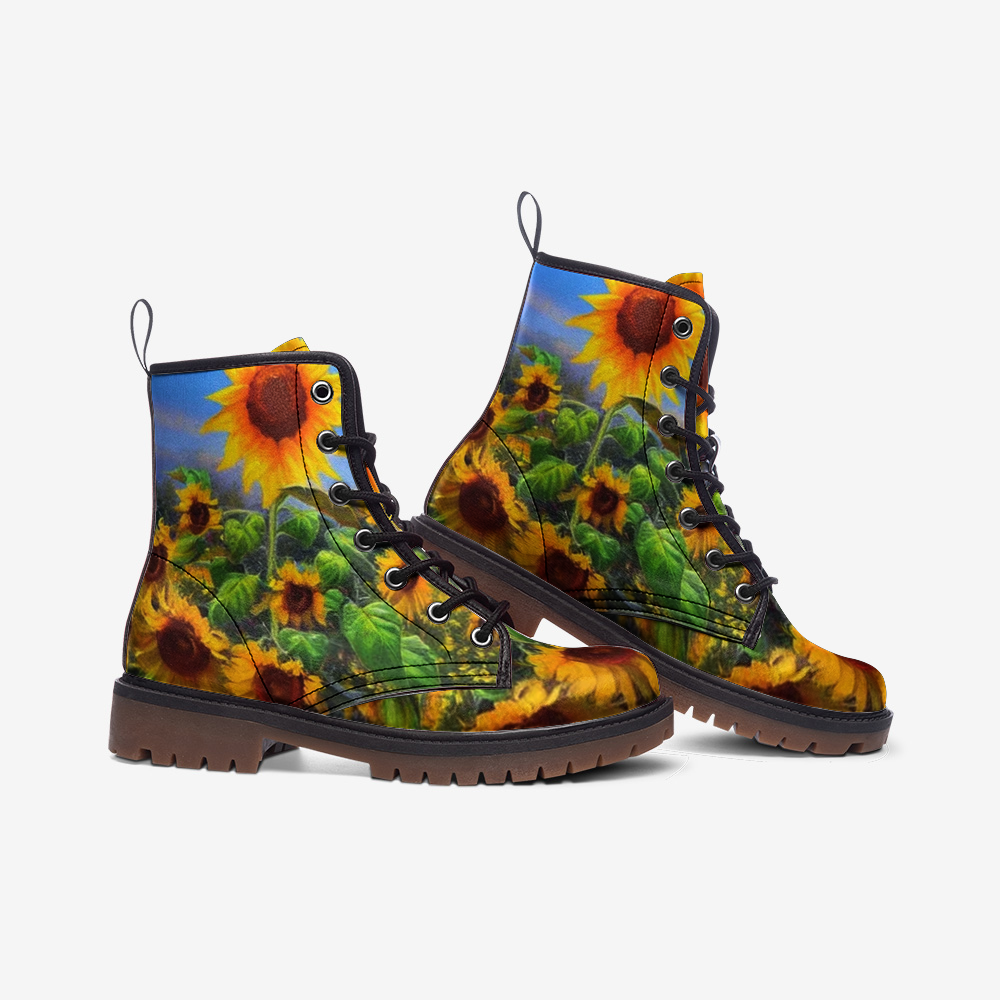 Emerald Blossoms - Blooming Sunflowers on Leather Lightweight Boots for Hippies