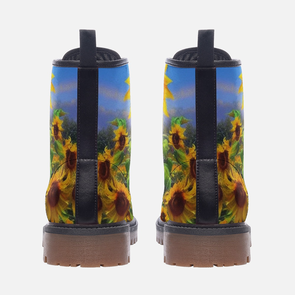 Emerald Blossoms - Blooming Sunflowers on Leather Lightweight Boots for Hippies