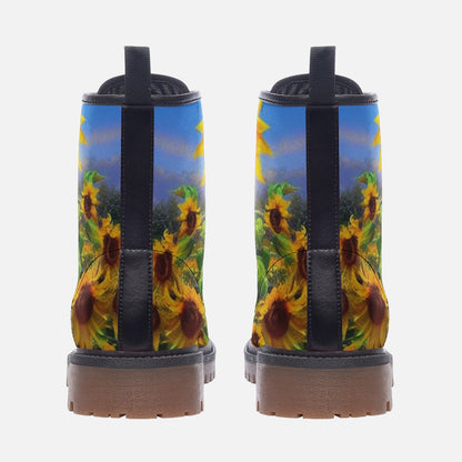 Emerald Blossoms - Blooming Sunflowers on Leather Lightweight Boots for Hippies