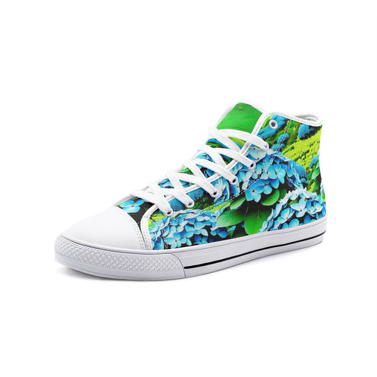 Emerald Blossoms - Blooming Blue Hydrangea Flower Unisex High Top Canvas Shoes For Hippies