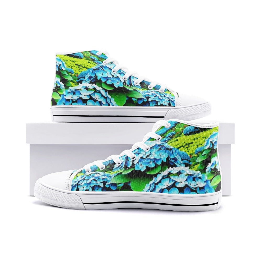 Emerald Blossoms - Blooming Blue Hydrangea Flower Unisex High Top Canvas Shoes For Hippies