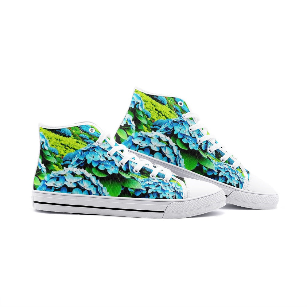 Emerald Blossoms - Blooming Blue Hydrangea Flower Unisex High Top Canvas Shoes For Hippies