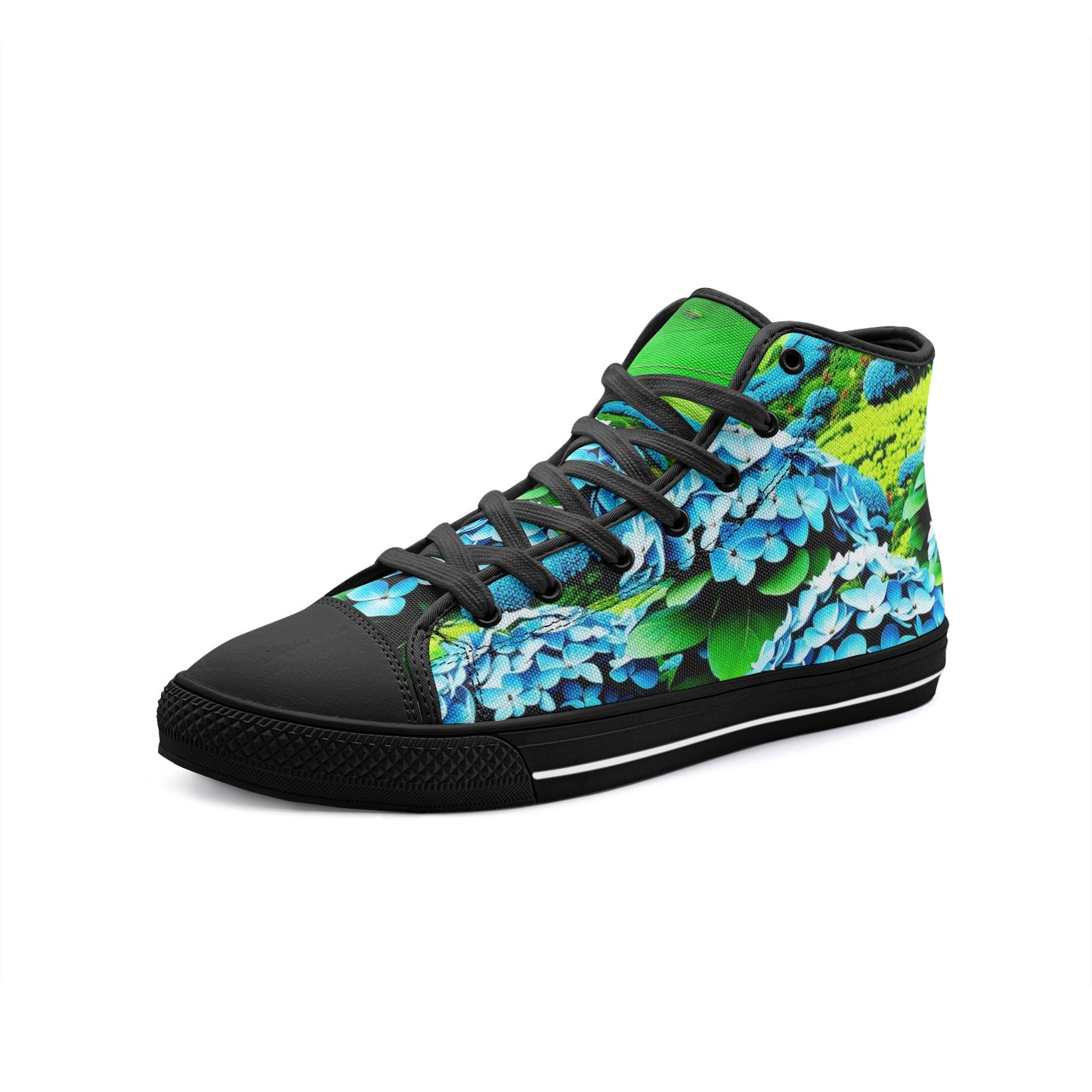 Emerald Blossoms - Blooming Blue Hydrangea Flower Unisex High Top Canvas Shoes For Hippies