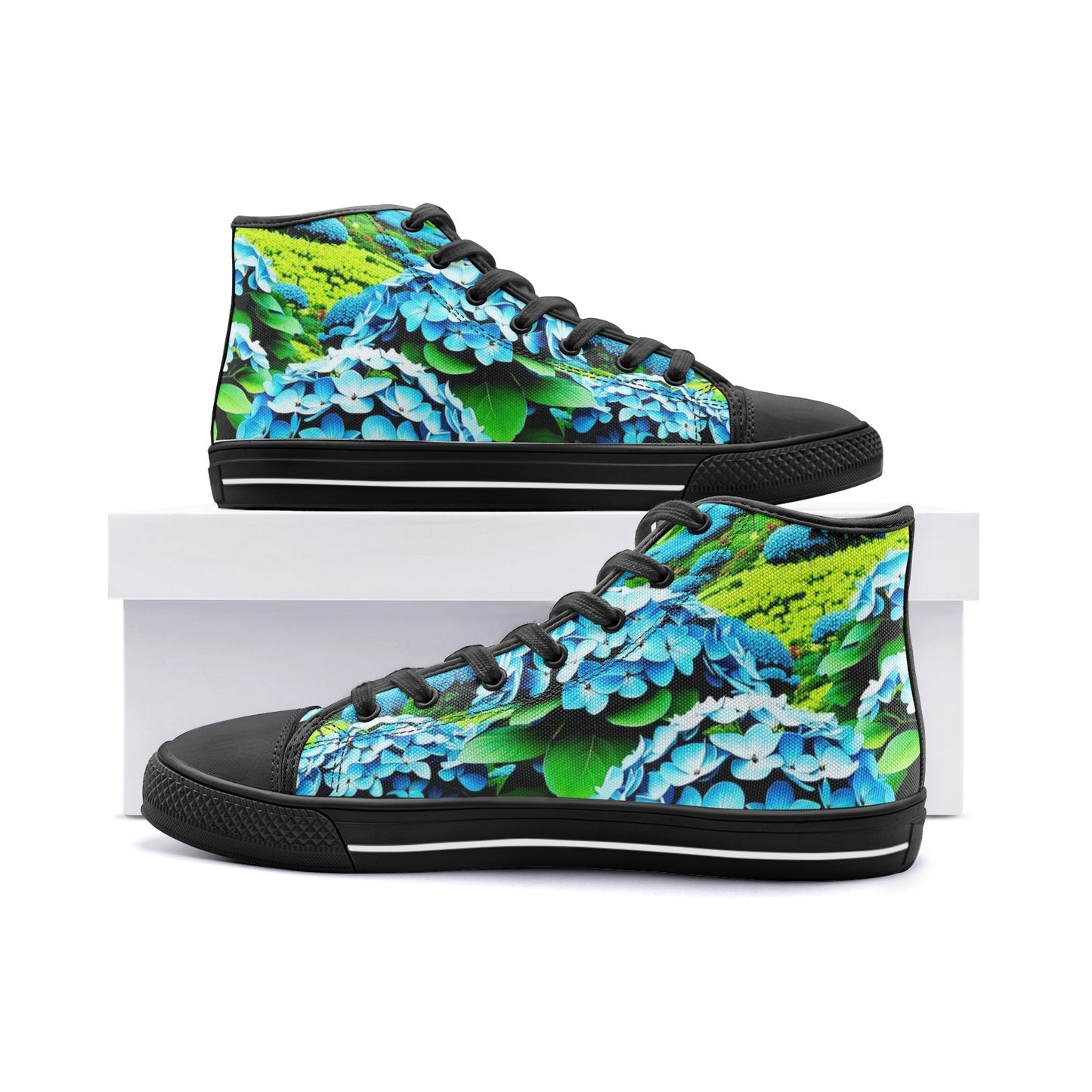 Emerald Blossoms - Blooming Blue Hydrangea Flower Unisex High Top Canvas Shoes For Hippies