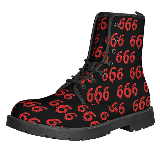 666 Satan Pattern Print Leather Boots: Groovy Hippies Lightweight Footwear - 1