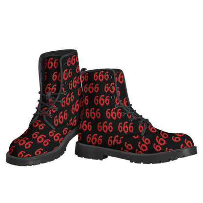 666 Satan Pattern Print Leather Boots: Groovy Hippies Lightweight Footwear - 3