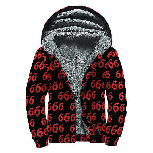 666 Satan Pattern Print Sherpa Lined Zip Up Hoodie: Embrace Your Inner Hippie Style - 1