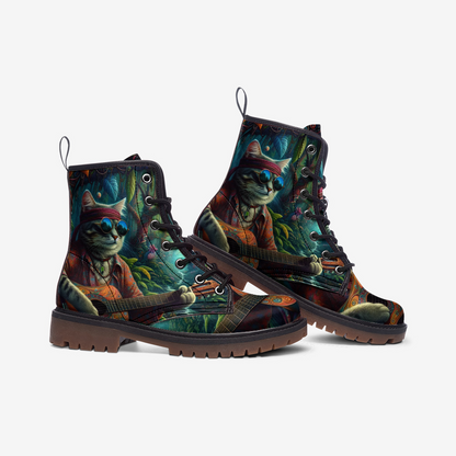 Emerald Blossoms - Cat Guitarist In The Wild Casual Leather Lightweight Boots For Hippies