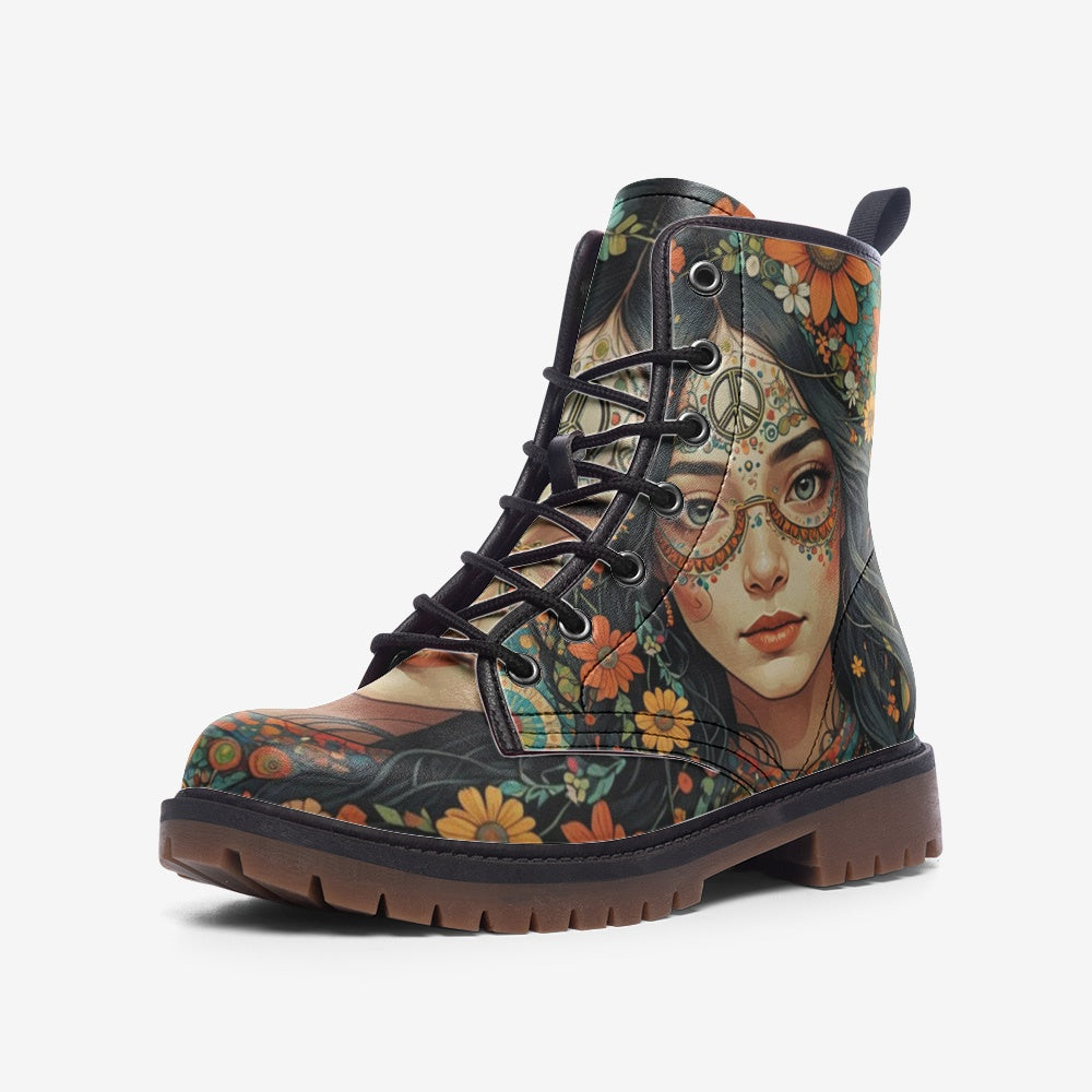 Emerald Blossoms - Bohemian Girl With Peace Symbol Casual Leather Lightweight Boots For Hippies