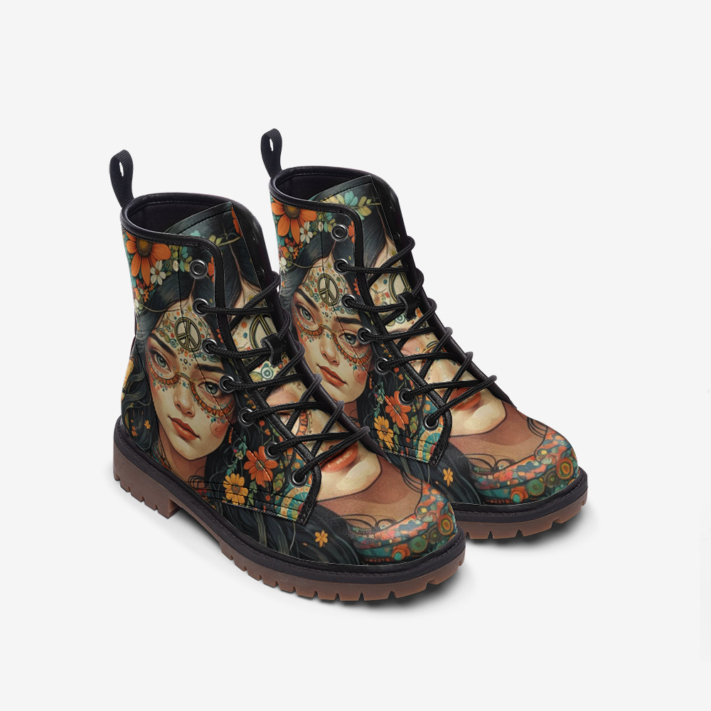 Emerald Blossoms - Bohemian Girl With Peace Symbol Casual Leather Lightweight Boots For Hippies