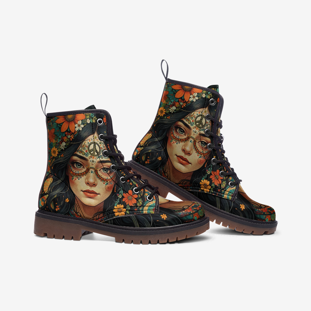 Emerald Blossoms - Bohemian Girl With Peace Symbol Casual Leather Lightweight Boots For Hippies