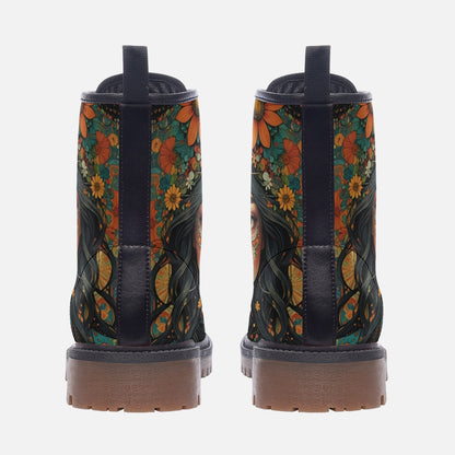 Emerald Blossoms - Bohemian Girl With Peace Symbol Casual Leather Lightweight Boots For Hippies