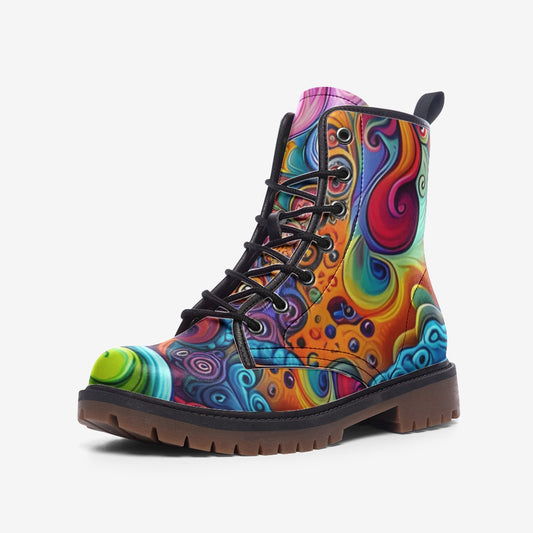 Emerald Blossoms - Colorful Waves, Abstract Design Casual Leather Lightweight Boots For Hippies